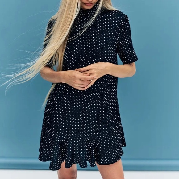 G. label by GOOP denise mini shirt dress navy blue white polka dot 6 ruffle hem - Picture 2 of 6